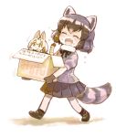  animal_ears black_hair blonde_hair blush bow bowtie box carrying closed_eyes commentary_request common_raccoon_(kemono_friends) elbow_gloves eyebrows_visible_through_hair fang flying_sweatdrops fur_collar gloves grey_hair in_box in_container kemono_friends multicolored_hair multiple_girls nukoosama open_mouth pantyhose pleated_skirt puffy_short_sleeves puffy_sleeves raccoon_ears raccoon_tail serval_(kemono_friends) serval_ears serval_print serval_tail short_sleeves skirt small sweatdrop tail translated white_hair 