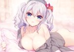  alternate_costume ass bangs beret blue_eyes blush bottomless breasts cleavage collarbone commentary day eyebrows_visible_through_hair gunp hair_between_eyes hat head_tilt holding holding_pillow indoors kantai_collection kashima_(kantai_collection) large_breasts long_hair looking_at_viewer lying naked_shirt no_bra on_bed on_stomach open_mouth pillow shirt sidelocks silver_hair solo twintails wavy_hair window 