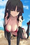  android arm_support ass beach bikini black_hair black_legwear blue_sky boots breasts cleavage cloud collarbone commentary covered_nipples day doll_joints eyebrows_visible_through_hair fate/grand_order fate_(series) front-tie_bikini front-tie_top highres katou_danzou_(fate/grand_order) kesoshirou long_hair looking_at_viewer medium_breasts outdoors parted_lips ponytail purple_bikini revision side-tie_bikini sky solo swimsuit thigh_boots thighhighs untied_bikini_bottom very_long_hair yellow_eyes 