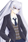  :| altair_(re:creators) black_neckwear closed_mouth drawfag formal hands_in_pockets long_hair necktie re:creators red_eyes silver_hair solo standing striped_vest suit very_long_hair 