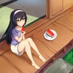  absurdres bangs barefoot black_hair blue_shirt brown_eyes casual closed_mouth commentary curcumin eyebrows_visible_through_hair food fruit girls_und_panzer grass hairband highres holding holding_food long_hair looking_at_viewer reizei_mako shadow shirt short_sleeves shorts sitting sliding_doors smile solo summer tatami watermelon white_hairband white_shorts wooden_floor 