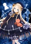  abigail_williams_(fate/grand_order) absurdres bangs black_bow black_dress black_hat blonde_hair bloomers blue_eyes bow bug butterfly commentary_request dress fate/grand_order fate_(series) forehead hair_bow hat head_tilt highres insect key keyhole long_hair long_sleeves looking_at_viewer moni_(credo) night night_sky orange_bow parted_bangs parted_lips polka_dot polka_dot_bow sky sleeves_past_fingers sleeves_past_wrists solo star_(sky) starry_sky stuffed_animal stuffed_toy teddy_bear tombstone underwear very_long_hair white_bloomers 