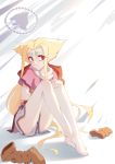  1girl barefoot blonde_hair blush boots feet fiona_(zoids) hand_on_own_knee long_hair red_eyes shoes_removed toes zoids zoids_chaotic_century 