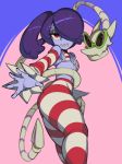  1girl bare_shoulders bikini blue_skin breasts detached_sleeves hair_over_one_eye leviathan_(skullgirls) skullgirls solo squigly_(skullgirls) stocking swimsuit zombie 