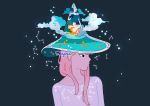  artist_name black_background black_eyes cloud constellation crescent_moon hat long_hair looking_to_the_side meyoco moon night night_sky original pink_hair portrait simple_background sky solo star star_(sky) water witch_hat 