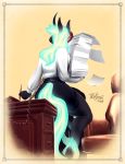  2018 anthro black_hair breasts clothed clothing equine female fully_clothed glowing_hair green_hair hair hooves horn mammal nightmare_(mythology) phone pokyuii solo starhell unicorn victoria_tallcos 