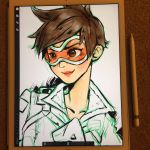 brown_hair carpet closed_mouth collared_jacket commentary english_commentary goggles highres ipad jacket lips lipstick looking_to_the_side makeup orange_goggles overwatch partially_colored photo portrait red_lipstick short_hair solo sooyun_choi spiked_hair stylus tablet_pc tracer_(overwatch) 