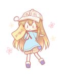  ahoge bangs black_footwear blue_shirt blush brown_hair brown_shorts character_name chibi closed_mouth clothes_writing eyebrows_visible_through_hair flat_cap full_body hair_between_eyes hat hataraku_saibou long_hair outstretched_arm platelet_(hataraku_saibou) sakurato_ototo_shizuku shirt short_shorts short_sleeves shorts simple_background smile solo standing standing_on_one_leg v-shaped_eyebrows very_long_hair white_background white_hat |_| 