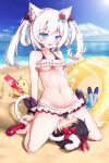  1girl animal animal_ear_fluff animal_ears azur_lane bare_arms bare_legs bare_shoulders barefoot bell bikini bikini_skirt bird black_bikini_bottom black_bow black_hair blue_eyes blue_sky blurry blurry_background blush bow breasts cameltoe cat_ears cat_girl cat_tail chick cloud collarbone commentary_request day depth_of_field erection fang fingernails flower flying_sweatdrops groin hair_bow hair_flower hair_ornament hammann_(azur_lane) heavy_breathing hetero highres hjhhzb horizon innertube jingle_bell long_hair medium_breasts nail_polish navel nose_blush ocean open_mouth orange_innertube outdoors pink_nails red_bikini_top red_bow red_flower red_footwear red_rose rose sandals silver_hair sitting sitting_on_face sitting_on_person sky solo_focus swimsuit tail tail_bell tail_bow torpedo transparent twintails water 
