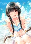  ;d bangs bikini_skirt black_hair blue_bikini_top blue_sky blunt_bangs blurry blurry_background bow braid breasts brown_eyes cleavage collarbone day dutch_angle eyebrows_visible_through_hair floating_hair hair_bow highres kazuharu_kina long_hair looking_at_viewer medium_breasts navel one_eye_closed open_mouth original outdoors shiny shiny_hair signature skirt sky smile solo twin_braids twintails very_long_hair white_skirt yellow_bow 