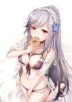  adapted_costume anchor_symbol azur_lane bangs between_legs bikini blush braid breasts butterfly_hair_ornament choker cleavage closed_mouth collarbone commentary_request crown_braid doughnut dunkerque_(azur_lane) eyebrows_visible_through_hair flower food front-tie_top grey_hair hair_ornament hairband hand_between_legs headdress holding holding_food kneeling kurenai_musume large_breasts long_hair looking_at_viewer navel open_mouth partially_submerged pink_eyes ponytail purple_bikini ripples sandals see-through shirt sidelocks solo swimsuit thighs wet white_shirt 
