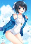  :d ahoge black_hair blue_eyes blue_sky blush bow breasts cloud collarbone covered_navel day dripping hair_between_eyes hair_bow hand_up hayakawa_(hayakawa_illust) hood hooded_track_jacket jacket knees_together_feet_apart lanyard looking_at_viewer off_shoulder old_school_swimsuit one-piece_swimsuit open_clothes open_jacket open_mouth original outdoors ponytail school_swimsuit shiny shiny_skin sidelocks sky small_breasts smile solo sparkle swimsuit track_jacket water water_drop whistle whistle_around_neck white_swimsuit 