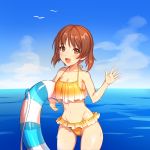  :d absurdres bangs bikini bird blue_sky breasts brown_eyes brown_hair cleavage cloud cloudy_sky commentary cowboy_shot curcumin day eyebrows_visible_through_hair frilled_bikini frills girls_und_panzer groin highres holding holding_innertube innertube looking_at_viewer medium_breasts navel nishizumi_miho ocean open_mouth outdoors seagull short_hair sky smile solo standing swimsuit wading wet yellow_bikini 