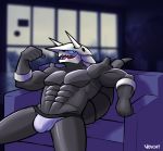  2018 abs aggron anthro anthrofied arm_support biceps biped black_body black_eyes blue_sclera blurred_background bulge clothed clothing digital_drawing_(artwork) digital_media_(artwork) fist flexing front_view grey_body grey_horn grey_tail hole_(anatomy) horn humanoid_hands inside jagged_mouth jockstrap long_tail looking_aside looking_away male mineral_fauna muscular muscular_male navel nintendo on_couch open_mouth pecs pink_tongue pinup pok&eacute;mon pok&eacute;mon_(species) pok&eacute;morph pose raised_arm reclining scalie shiny sitting slit_pupils sofa solo spikes tongue topless two_tone_body underwear video_games voviat window 