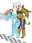  anthro anthrofied avian barefoot beak blush breasts cleavage clothed clothing dialogue duo english_text equine feathered_wings feathers female female/female friendship_is_magic gilda_(mlp) grinding gryphon hair hand_on_hip mammal multicolored_hair my_little_pony pegasus rainbow_dash_(mlp) rainbow_hair rainbowsprinklesart shorts text vest wings 