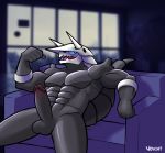  2018 abs aggron anthro anthrofied arm_support balls biceps biped black_body black_eyes black_penis blue_sclera blurred_background brown_glans digital_drawing_(artwork) digital_media_(artwork) erection fist flexing front_view glans grey_balls grey_body grey_horn grey_tail hole_(anatomy) horn humanoid_hands humanoid_penis inside jagged_mouth long_penis long_tail looking_aside looking_away male mineral_fauna muscular muscular_male navel nintendo nude on_couch open_mouth pecs penis pink_tongue pinup pok&eacute;mon pok&eacute;mon_(species) pok&eacute;morph pose raised_arm reclining scalie shiny sitting slit_pupils sofa solo spikes tongue two_tone_body uncut video_games voviat window 
