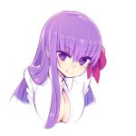  bangs bb_(fate)_(all) bb_(fate/extra_ccc) blush breasts chan_co cleavage commentary_request eyebrows_visible_through_hair fate/grand_order fate_(series) hair_between_eyes hair_ribbon large_breasts long_hair looking_at_viewer purple_eyes purple_hair ribbon shirt simple_background smile solo upper_body very_long_hair white_background white_shirt 