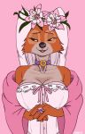  2018 anthro bare_shoulders big_breasts black_nose breasts canine cleavage clothed clothing collar disney female flower fox giaba headdress looking_aside maid_marian mammal plant robin_hood_(disney) shawl simple_background smile solo 