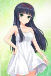  absurdres alternative_girls bangs bare_shoulders black_hair blunt_bangs blush bow bracelet breasts cleavage collarbone cowboy_shot dress green_background green_eyes hair_bow hand_on_hip highres jewelry long_hair looking_at_viewer medium_breasts official_art red_bow smile solo standing tendou_machi white_dress 