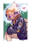  abigail_williams_(fate/grand_order) absurdres alternate_hairstyle bandaid_on_forehead bangs belt bench black_bow black_jacket blonde_hair blue_eyes blush bow bush can commentary_request deathwingxiii fate/grand_order fate_(series) forehead hair_bow hair_bun hair_over_one_eye heart heroic_spirit_traveling_outfit high_collar highres jacket long_hair looking_at_viewer looking_to_the_side orange_bow parted_bangs polka_dot polka_dot_bow sitting sleeves_past_fingers sleeves_past_wrists solo spoken_heart thighs tree 