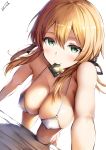  1girl all_fours artist_name bangs bare_legs bare_shoulders bikini_top black_ribbon blonde_hair blush breasts cleavage closed_mouth collarbone commentary_request condom condom_in_mouth dutch_angle foreshortening green_eyes hair_between_eyes hair_ribbon hanging_breasts highres kantai_collection large_breasts lolicept long_hair looking_at_viewer low_twintails mouth_hold prinz_eugen_(kantai_collection) ribbon sidelocks simple_background smile solo string_bikini twintails white_background white_bikini_top 