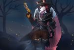  canine clothed clothing feathered_wings feathers female fox fur green_eyes gun half_vampire handgun hat heterochromia koyu_ruh krazyelf mammal mccree_(overwatch) overwatch pink_fur purple_eyes ranged_weapon revolver solo video_games weapon wings 