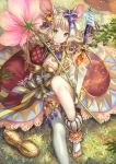  animal_ears bangs blonde_hair breasts commentary_request eyebrows_visible_through_hair flower grass green_eyes hair_ornament hair_ribbon hairband highres holding holding_sword holding_weapon looking_at_viewer original outdoors pisuke ribbon sandals short_hair solo sun sword weapon 