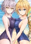  3: ahoge bangs beach blonde_hair blue_eyes blush braid breast_press breasts cleavage cloud cloudy_sky collarbone competition_school_swimsuit cowboy_shot day eyebrows_visible_through_hair fate/grand_order fate_(series) hair_ribbon holding_hands jeanne_d'arc_(alter)_(fate) jeanne_d'arc_(fate) jeanne_d'arc_(fate)_(all) kotatsu_(kotatsu358) large_breasts long_hair looking_at_viewer multiple_girls ocean one-piece_swimsuit outdoors purple_swimsuit ribbon sideboob silver_hair sky swimsuit symmetrical_docking v-shaped_eyebrows yellow_eyes 