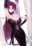  1girl absurdres alexiel_(pixiv6211566) arm_warmers azur_lane black_dress breasts cleavage cocktail_glass cup curtains dress drinking_glass duke_of_york_(azur_lane) fishnets highres large_breasts lipstick long_hair makeup nail_polish purple_eyes purple_hair side_slit solo thighhighs window 