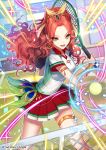  anklet ball copyright_name day green_eyes hair_ornament interitio jewelry long_hair looking_at_viewer net official_art open_mouth outdoors peacock_feathers racket red_hair red_skirt shirt sid_story skirt solo sparkle standing tennis_ball tennis_court tennis_racket white_shirt 