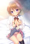  :p bangs bed_sheet black_legwear blush breasts brown_hair closed_mouth collared_shirt commentary_request eyebrows_visible_through_hair flower gochuumon_wa_usagi_desu_ka? hair_flower hair_ornament head_tilt hoto_cocoa indoors kneehighs legs_together lifted_by_self looking_at_viewer nipples no_bra on_bed open_clothes open_mouth open_shirt panties pink_panties plaid plaid_skirt purple_eyes ribbon shibainu_niki shirt short_hair sitting skirt skirt_lift small_breasts smile solo speech_bubble striped striped_ribbon tongue tongue_out unbuttoned underwear white_pillow white_shirt 