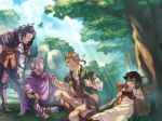  3boys alfyn_(octopath_traveler) angry black_hair blonde_hair boots brown_hair cape cloak closed_eyes cyrus_(octopath_traveler) dress forest fringe_trim gloves hair_between_eyes hat highres jewelry long_hair multiple_boys nature octopath_traveler one_eye_closed open_mouth ponytail scarf short_hair smile st_beans_lal therion_(octopath_traveler) tressa_(octopath_traveler) 