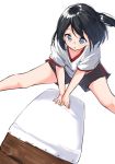  bangs black_hair black_shorts blue_eyes blush commentary_request eyebrows_visible_through_hair gym_shirt gym_shorts gym_uniform highres one_eye_closed original parted_lips shirt short_hair short_shorts shorts simple_background solo suzunari_shizuku vaulting_horse white_background white_shirt yuki_arare 