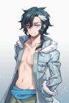  blonde_hair blue_eyes chest coat gradient gradient_background grey_background hand_in_pocket highres looking_at_viewer male_focus mullet multicolored_hair navel nightlight0909 open_clothes open_coat shirtless solo streaked_hair tenrou:_sirius_the_jaeger white_hair yuily_(sirius) 