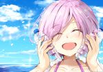  :d ^_^ bangs blue_sky blush bottle bottle_to_cheek closed_eyes collarbone commentary_request day eyebrows_visible_through_hair face facing_viewer fate/grand_order fate_(series) highres hikashou holding holding_bottle mash_kyrielight ocean open_mouth outdoors pink_hair short_hair sky smile solo sparkle sweat swept_bangs water water_bottle wet 