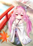  autumn_leaves azur_lane blurry blurry_background blush breasts bridge brown_umbrella closed_mouth commentary_request day depth_of_field flower hair_flower hair_ornament hamakaze_(azur_lane) headgear highres holding holding_umbrella japanese_clothes kimono koko_ne_(user_fpm6842) leaf long_hair maple_leaf off_shoulder oriental_umbrella outdoors pink_hair red_eyes red_flower river small_breasts smile solo standing table twintails umbrella very_long_hair water white_flower white_kimono white_legwear 