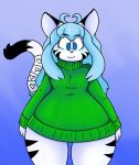  :3 anthro aqua_hair blue_blush blue_eyes blue_hair blush bottomless cat clothed clothing cute feline fur girly hair iguanasarecool mammal markings nicholas_c._corbin solo standing stripes sweater thick_thighs turtleneck white_fur wide_hips youtuber 