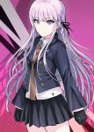  abstract_background bangs black_gloves black_jacket black_ribbon black_skirt blazer blunt_bangs braid buttons clenched_hands closed_mouth commentary_request cowboy_shot danganronpa danganronpa_1 expressionless eyebrows_visible_through_hair gloves hair_ribbon highres jacket kirigiri_kyouko long_hair long_sleeves looking_at_viewer miniskirt necktie open_clothes open_jacket pale_skin pink_hair pleated_skirt purple_eyes red_neckwear ribbon shiny shiny_hair shirt side_braid sidelocks skirt solo straight_hair studded_gloves tsurui very_long_hair white_shirt wing_collar zipper 