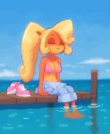  2018 anthro bandicoot barefoot blonde_hair bra breasts cleavage clothed clothing cloud coco_bandicoot crash_bandicoot_(series) denim eyes_closed female footwear hair kempferzero long_hair mammal marsupial navel outside overalls partially_submerged pier seaside shoes sitting solo underwear video_games water 