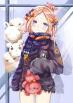  abigail_williams_(fate/grand_order) balloon bangs black_bow black_jacket blonde_hair blue_eyes blush bow closed_mouth commentary_request eyebrows_visible_through_hair fate/grand_order fate_(series) hair_bow hair_bun head_tilt heroic_spirit_traveling_outfit highres holding holding_balloon holding_stuffed_animal jacket long_hair long_sleeves looking_at_viewer mutang orange_bow parted_bangs polka_dot polka_dot_bow reflection sleeves_past_fingers sleeves_past_wrists solo stuffed_animal stuffed_toy teddy_bear 