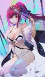  absurdres bangs bare_shoulders blush bow bra breasts brown_eyes cleavage collarbone fate/grand_order fate_(series) fur_trim hair_bow high_ponytail highres holding holding_wand lance navel panties parted_lips pink_lips polearm purple_bow purple_hair salmon88 scathach_(fate)_(all) scathach_skadi_(fate/grand_order) sitting snow solo thighhighs tiara underwear wand wariza weapon white_bra white_legwear white_panties 