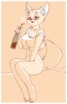  2018 aggressive_retsuko anthro black_nose blush bottle bottomless breasts canine cleavage clothed clothing drunk drunk_bubbles female fennec fenneko fox giaba half-closed_eyes holding_bottle holding_object looking_at_viewer mammal navel open_mouth open_smile sanrio shirt sitting smile solo teeth 