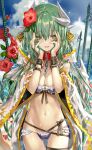  ass_visible_through_thighs bangs belt_collar between_breasts bikini blush bow bow_bra bra breasts chain chain_between_breasts choker collar commentary_request cowboy_shot day eyebrows_visible_through_hair fate/grand_order fate_(series) flower frilled_bra frills gold_trim green_eyes green_hair groin hands_on_own_cheeks hands_on_own_face happy hibiscus kiyohime_(fate/grand_order) kiyohime_(swimsuit_lancer)_(fate) long_hair looking_at_viewer navel polearm red_collar ribbon shino_(eefy) sky solo standing swimsuit thigh_gap thigh_strap thighs underwear water weapon wet yellow_eyes 
