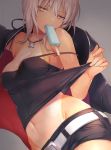 artoria_pendragon_(all) artoria_pendragon_(swimsuit_rider_alter) bangs bare_shoulders belt belt_buckle black_camisole black_jacket black_ribbon black_shorts blonde_hair breasts buckle cleavage clothes_down collarbone commentary_request cosplay eating fate/grand_order fate_(series) fingernails food grey_background groin highres ice_cream jacket jewelry looking_at_viewer medium_breasts midriff navel necklace no_bra open_clothes open_jacket popsicle ribbon saber_alter saber_alter_(cosplay) shorts simple_background solo tan tanline vivivivi wet white_belt yellow_eyes 