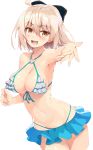  alternate_costume aqua_bikini bangs bare_shoulders bikini bikini_skirt black_bow bow breasts cleavage commentary_request contemporary cowboy_shot criss-cross_halter eyebrows_visible_through_hair fate/grand_order fate_(series) frilled_bikini_top hair_between_eyes hair_bow halterneck highres looking_at_viewer medium_breasts miniskirt navel okita_souji_(fate) okita_souji_(fate)_(all) open_mouth outstretched_arm pink_hair shiny shiny_skin short_hair shunichi simple_background skindentation skirt solo stomach swimsuit thighs yellow_eyes 