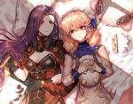  armor breasts brown_eyes cleavage curly_hair dress earrings fire_emblem fire_emblem_echoes:_mou_hitori_no_eiyuuou gloves hairband jenny_(fire_emblem) jewelry large_breasts long_hair multiple_girls necklace pink_hair purple_eyes purple_hair simple_background smile sonia_(fire_emblem_gaiden) tiara wani_(fadgrith) 