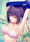  ainy77 armpits arms_up bangs bra breasts cleavage closed_eyes collarbone commentary_request eyebrows_visible_through_hair hair_between_eyes highres large_breasts lips open_mouth original parted_lips pink_bra plant purple_hair short_hair solo sweat underwear undressing upper_body 