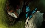  2015 ambiguous_gender arthropod black_hair black_lips butterfly canine day detailed_background digital_media_(artwork) duo feral fox grass hair heterochromia insect mammal outside paws red_hair shwonky 
