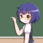  :q arm_up bandaid bandaid_on_elbow bangs black_vest blue_hair blush brown_eyes chalk chalkboard closed_mouth collared_shirt commentary_request eyebrows_visible_through_hair glasses gochuumon_wa_usagi_desu_ka? goth_risuto holding indoors jouga_maya looking_at_viewer looking_to_the_side orange-framed_eyewear plaid_neckwear puffy_short_sleeves puffy_sleeves semi-rimless_eyewear shirt short_hair short_sleeves smile solo tongue tongue_out under-rim_eyewear v-shaped_eyebrows vest white_shirt 