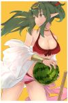  bikini breasts chiki fire_emblem fire_emblem:_kakusei fire_emblem:_monshou_no_nazo fire_emblem_heroes food fruit green_eyes green_hair hair_ornament highres long_hair mamkute navel older open_mouth pointy_ears ponytail siegzeonu smile solo swimsuit watermelon 